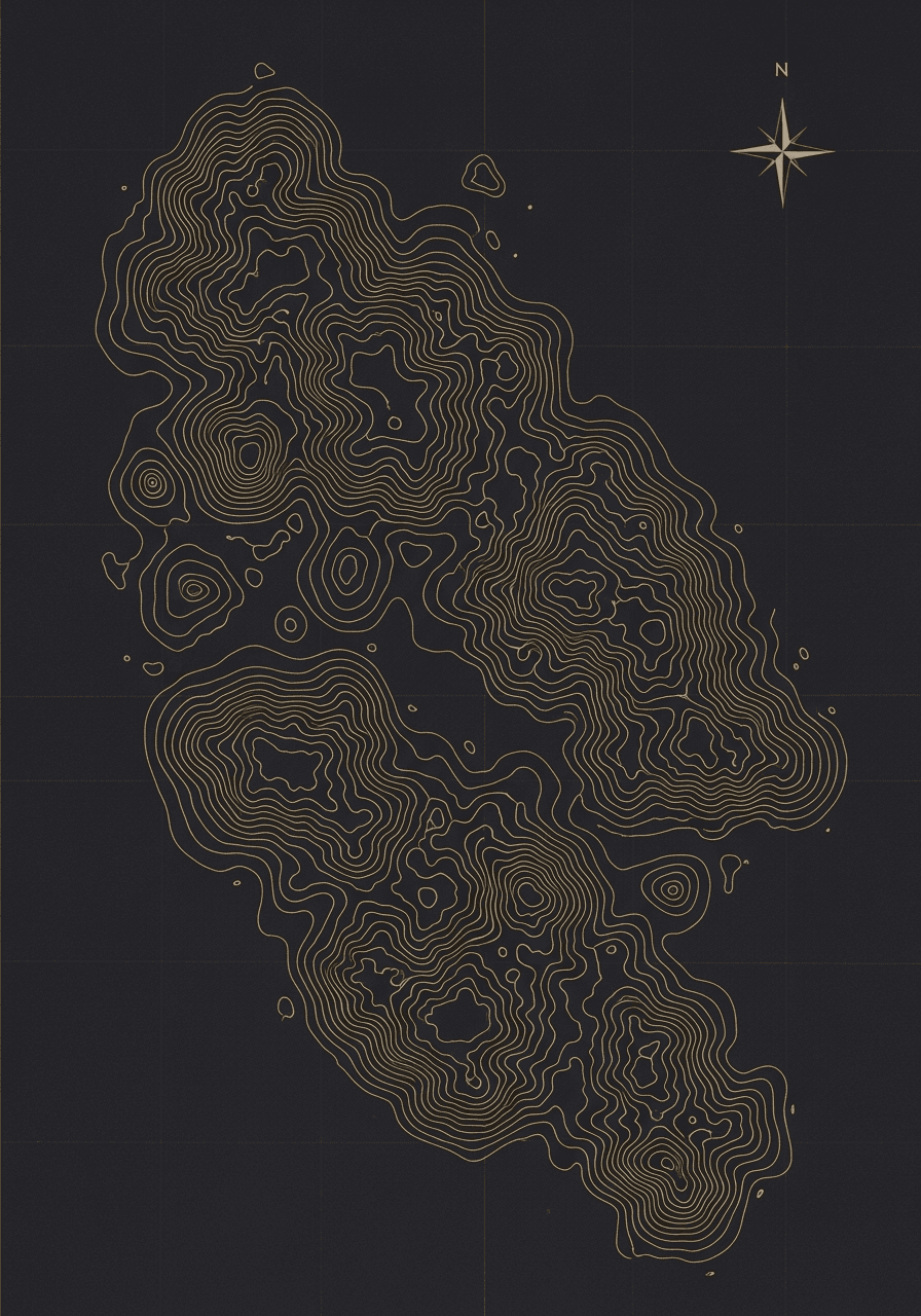 A topographic map of an imaginary land, standing in for the map of the self at the heart of Anwyn
